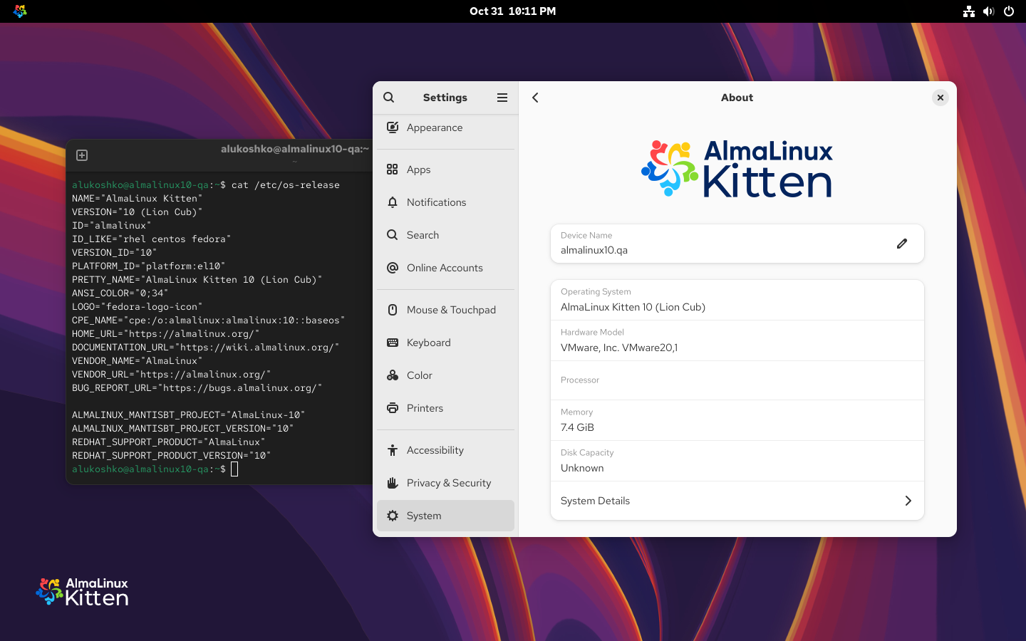 Screenshot of AlmaLinux OS Kitten Desktop